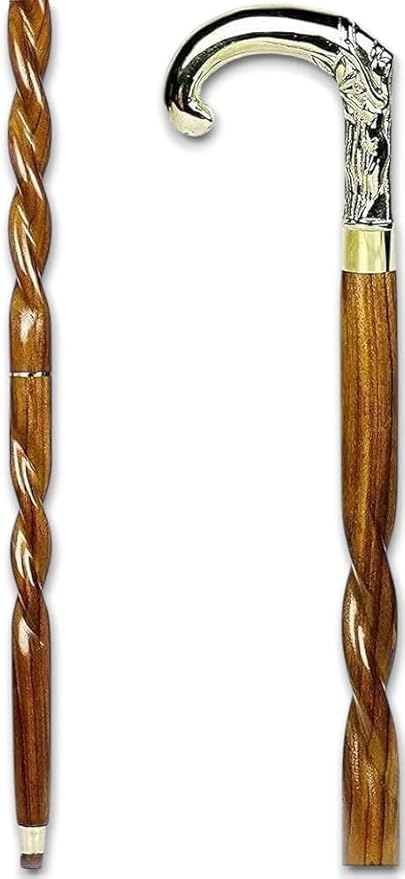 Antique Spiral Brown Wooden Walking Stick with Silver Brass Designer Parrot Handle Walking Wooden Cane for Gift Men & Women