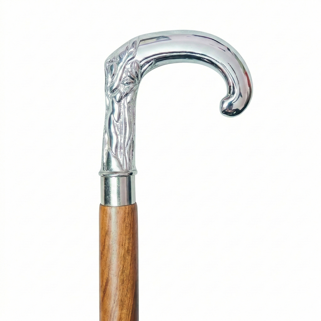 Antique Spiral Brown Wooden Walking Stick with Silver Brass Designer Parrot Handle Walking Wooden Cane for Gift Men & Women