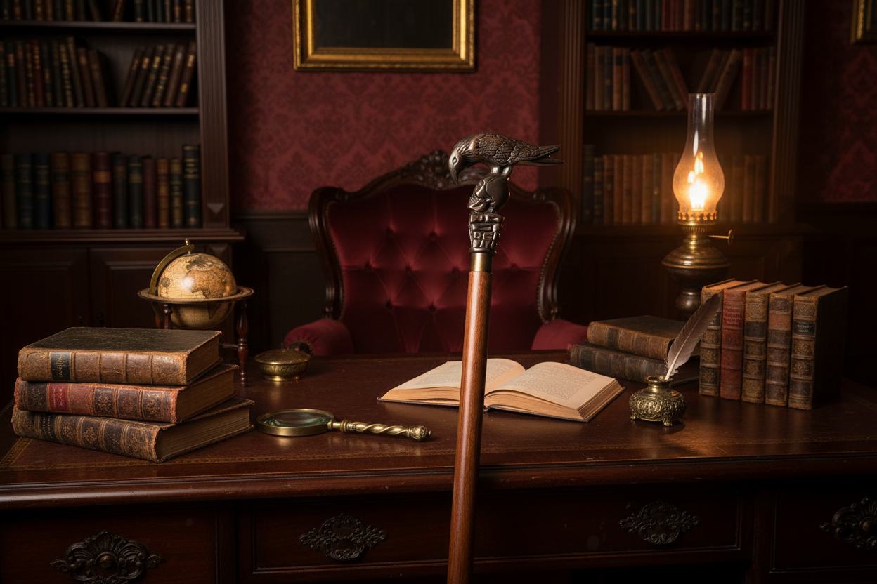 Raven Skull Walking Stick Victorian Setting