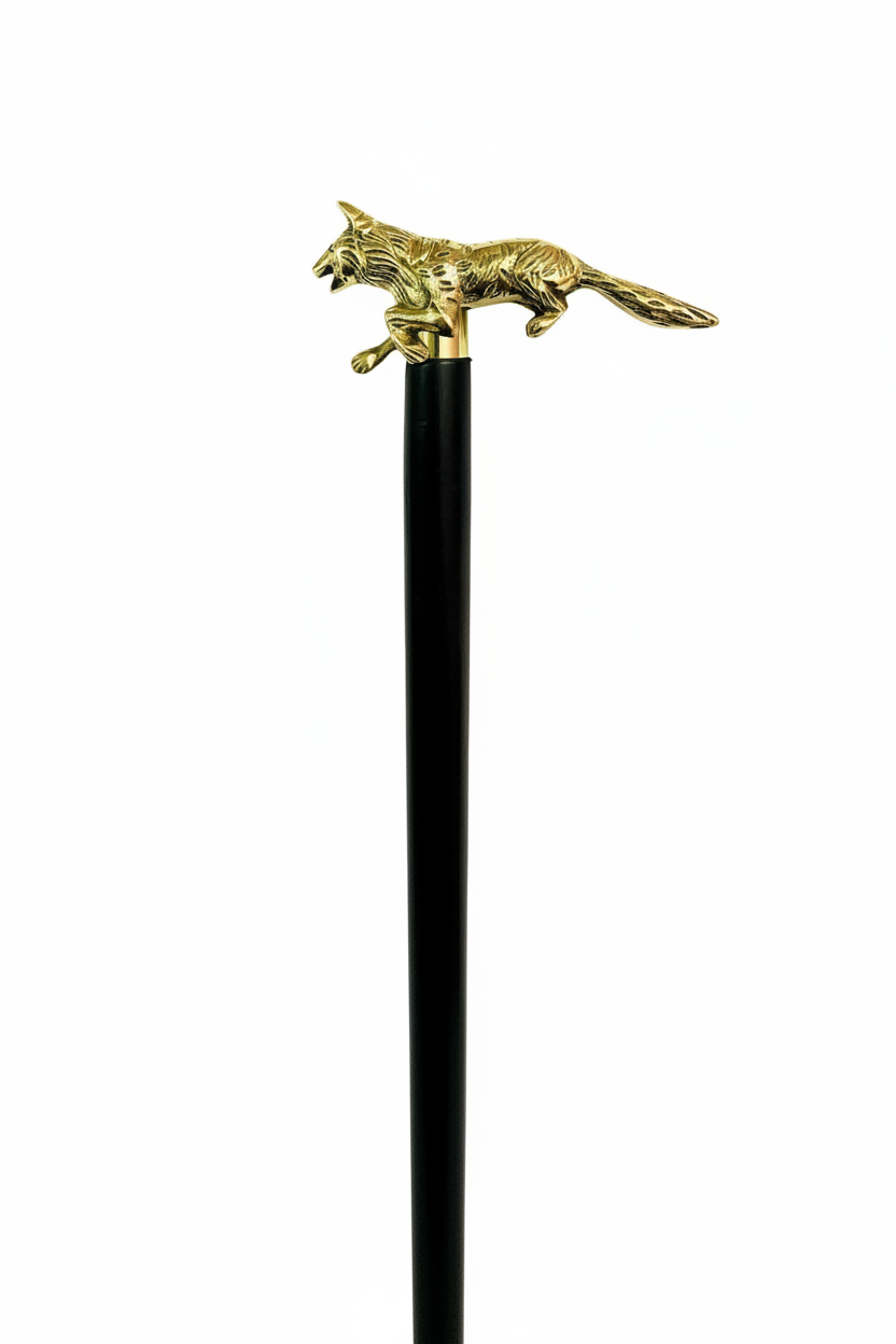 Unique Designer Brass Wolf Handle Black Wooden Walking Stick - Vintage Victorian Antique Cane - Collectible Gift for Men and Women